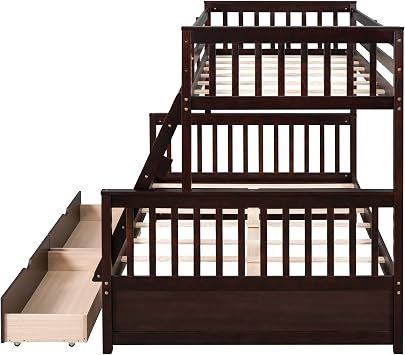 MERITLINE Bunk Bed, Wood Twin Over Full Bunk Bed Frame with Storage Drawers, Espresso