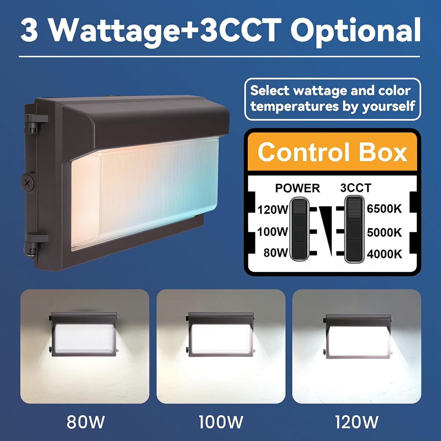 120W LED Wall Pack Light with Photocell 2Pack, 4000/5000/6500K 3CCT, 80/100/120W Selectable, Commercial Security Lighting Outdoor LED Wall Lights for Garage Parking Lot Yard, 100-277V, ETL Listed