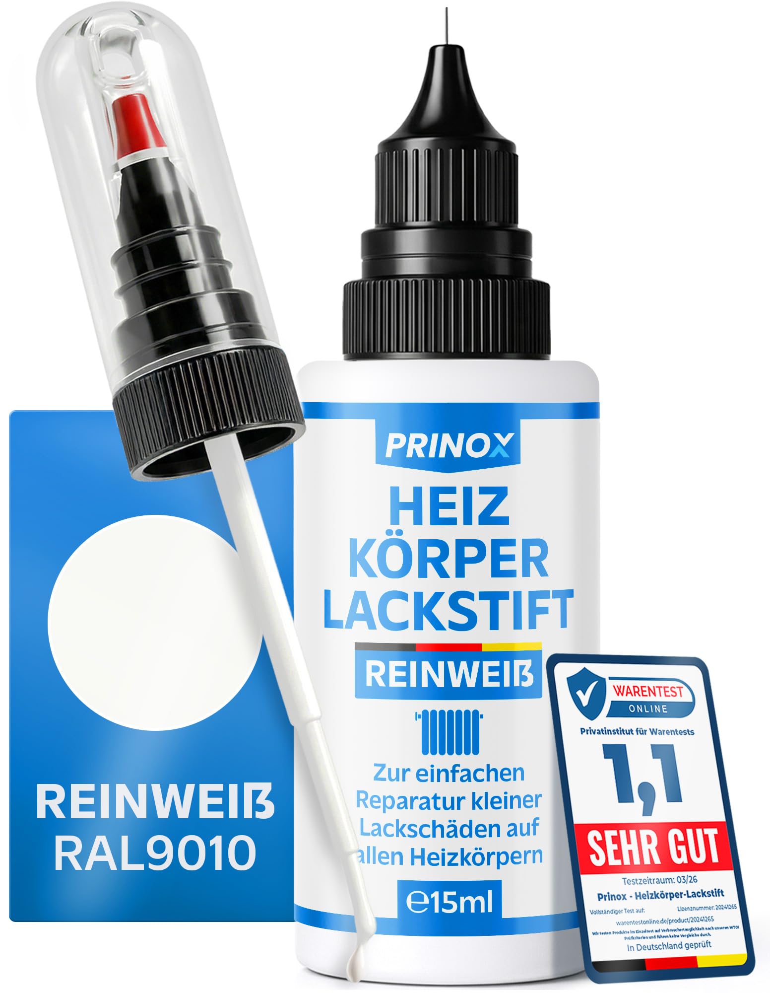 Prinox Heizkörperlackstift weiß - Lackstift mit 2-in-1 Pinselkappe zur professionellen Reparatur von kleinen Lackschäden an Heizkörpern - Wasserfester Heizkörper Lack in weiß