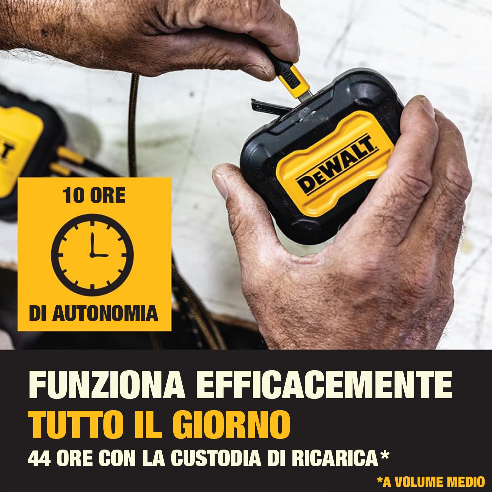 DEWALT Cuffie Open Ear Heavy Duty, Auricolari Wireless Bluetooth 5.3 IP55, Fino a 44 Ore di Autonomia, Suono Premium a Conduzione Aerea con Archetti per Cantieri e Allenamenti