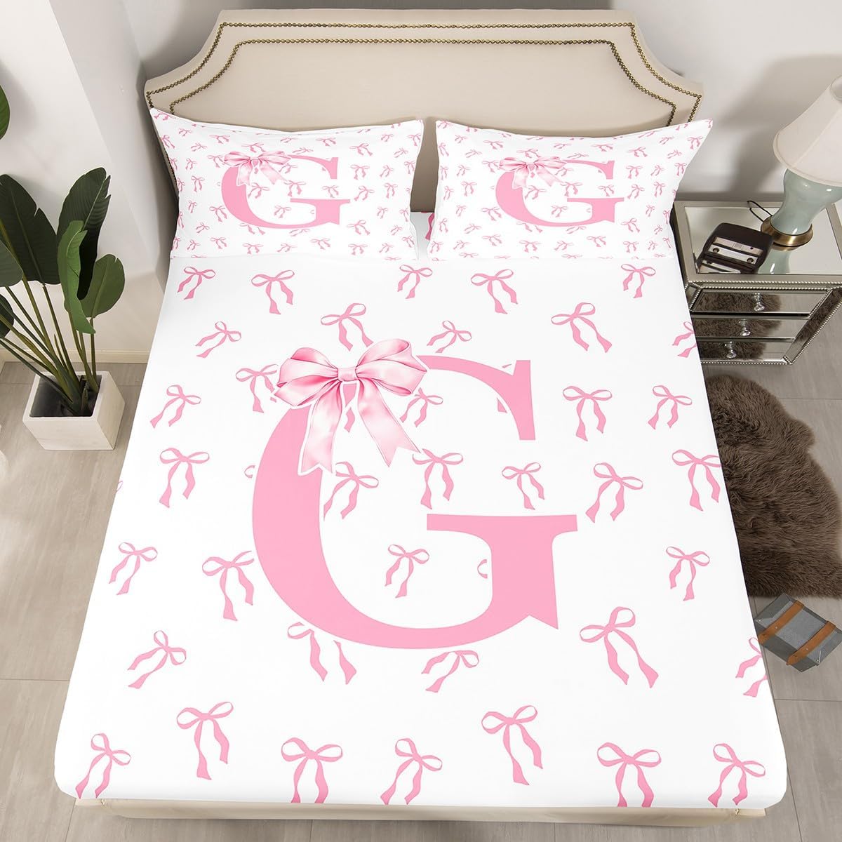 Erosebridal Pink Bow Fitted Sheet Romantic Bow Monogrammed G Bed Sheets Full Dreamy Letter Ribbon Bowknot Bedding Set for Women Lady Fashion Pink White Princess Bed Cover 3 Pcs