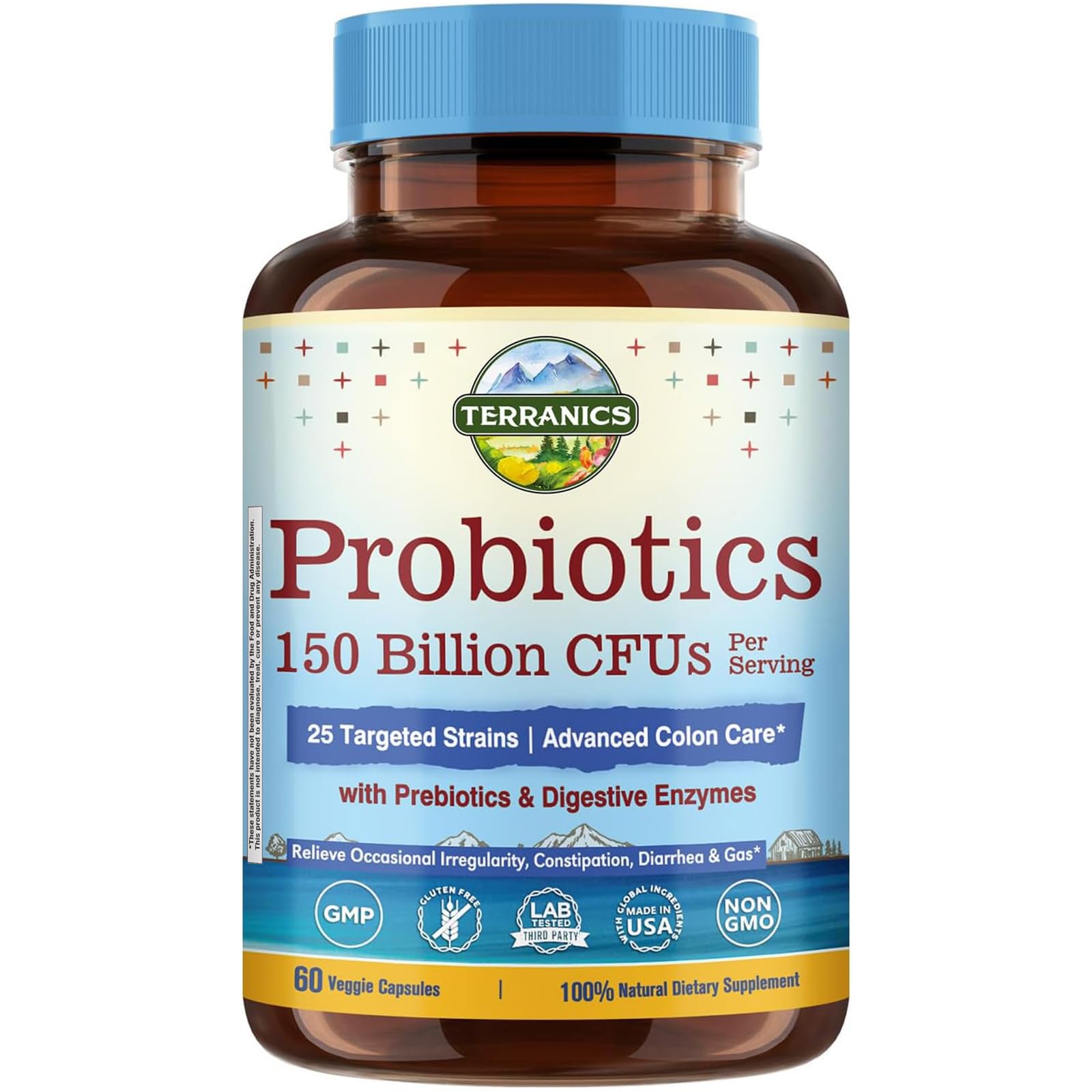 Terranics Daily Probiotics for Men & Women, 150 Billion 25 Strains Colon Care Probiotics, with Prebiotics & Enzymes, Healthy Regularity, Delayed Release, Shelf Stable, 60 Veggie Caps