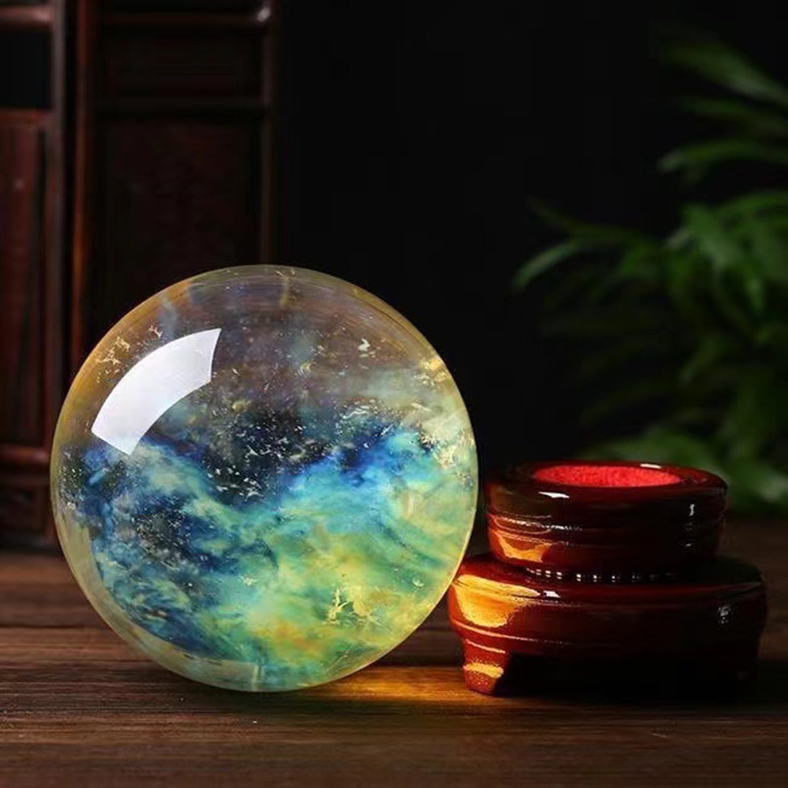 Bola de Cristal de Cuarzo Fundido Amarillo con Soporte de Madera Para Meditación, Esfera de Orbe de Cristal Pulido Natural Para Feng Shui, Adivinación, Magia, Decoración Del Hogar,150mm/5.9in