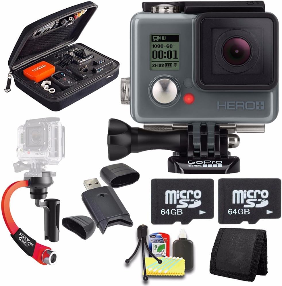 GoPro HERO+ LCD + Steadicam Curve for GoPro HERO Action Cameras (Red) + 64GB Memory Card + Case for GoPro HERO4 and GoPro Accessories + 6pc Starter Kit Bundle