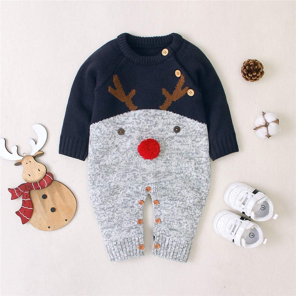 Merqwadd Unisex Infant Baby Christmas Sweater Toddler Reindeer Knit Jumpsuit Outfit (Navy, 6-12 Months): Clothing, Shoes & Jewelry