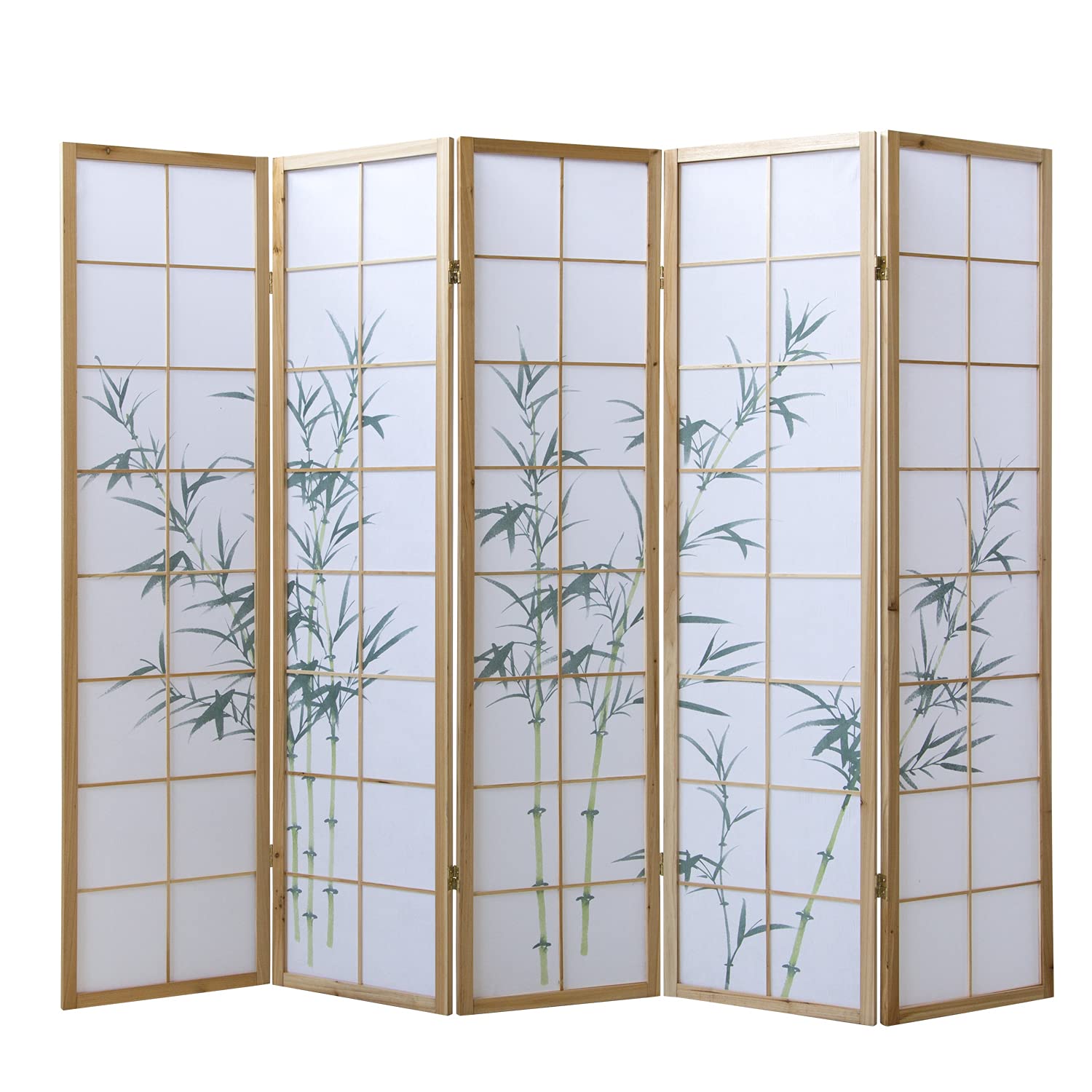 Homestyle4u 266, séparateur de pièce en Bois à 5 Panneaux - Paravent Pliable - Paravent Mobile - en Papier Shoji - Bambou