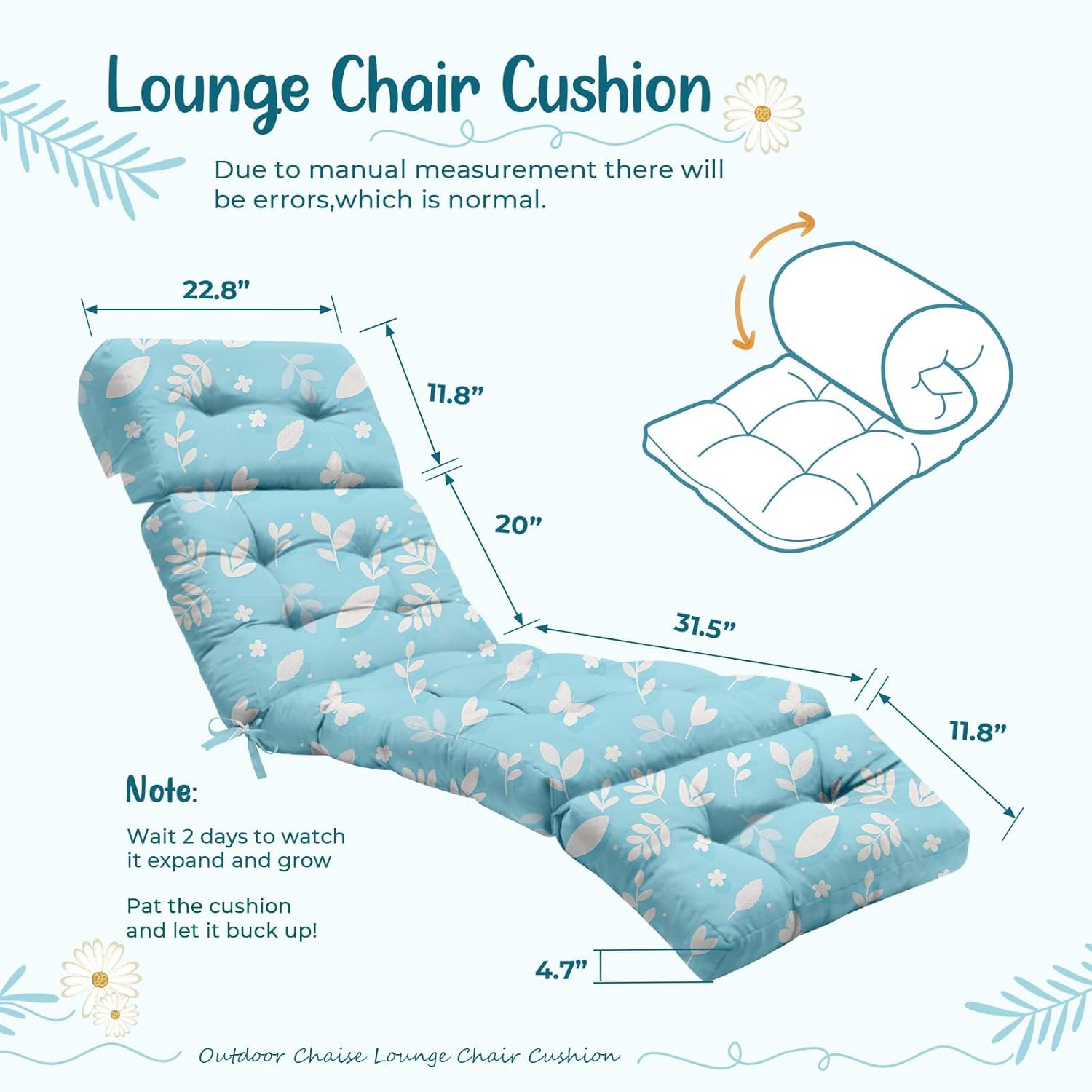 2 Pcs Outdoor Chaise Lounge Chair Cushion 75.1 x 22.8 x 4.7 Inches 100% Waterproof Replacement Cotton Patio Pool Lounge Chair Cushion for Outdoor Furniture with Ties, Blue Daisy