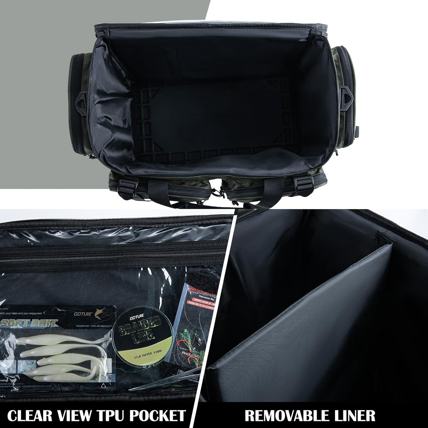 Goture Large Tackle Bag,1680D Water Resistant Saltwater Gear Storage Big Fishing Bag with EVA Bottom,Store Up to 8PCS 3700 Plus 4PCS 3600 Tackle Trays(Not Included),Gifts for Men,20.87”x11.42”x15.16”