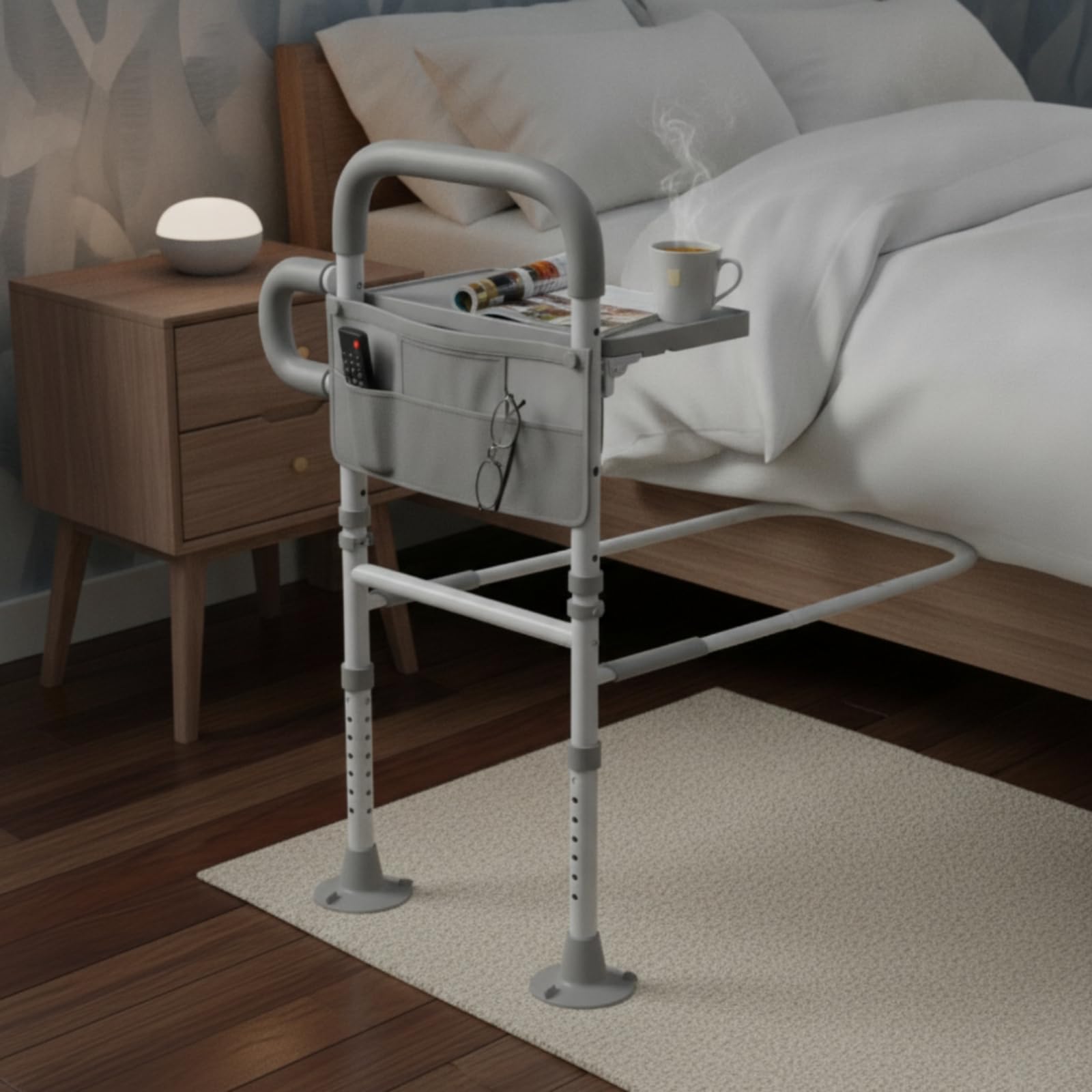 Milageto Sponda Letto di Sbarra Letto Maniglia Letto Corrimano Letto con Ripiano Pieghevole in Acciaio con Altezza Regolabile Tasca Frontale E Piedini a