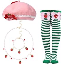 4 Pcs Halloween Strawberry Costume Include Pink Strawberry Beret,Thigh High Socks and Necklace Bracelet for Women Halloween Party Dress Up