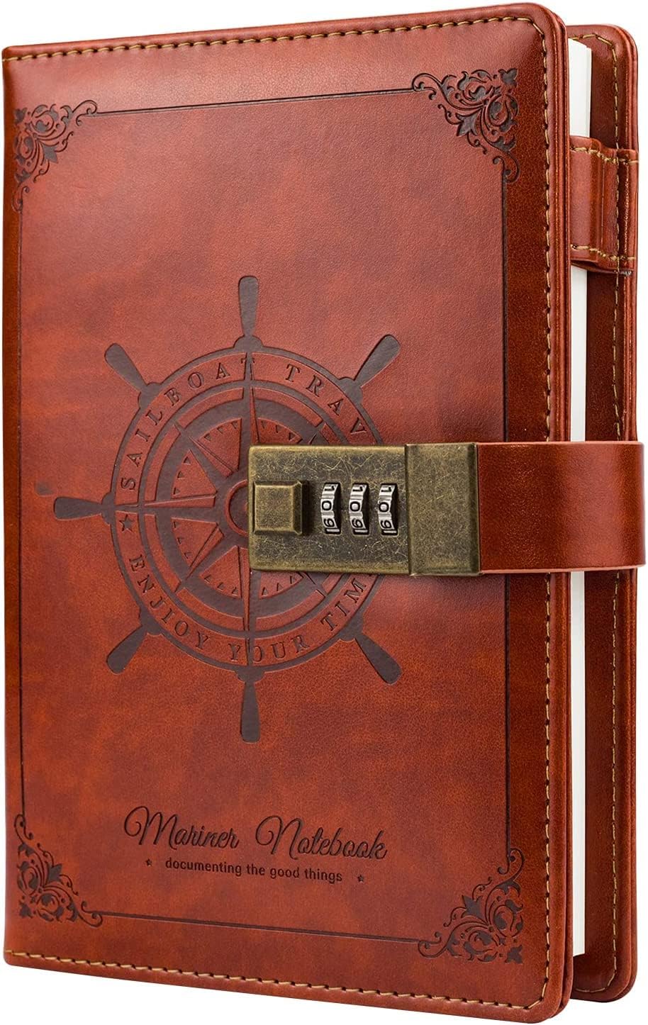 Leather Journal Diary with Lock for Boys Girls Writing, Personal Secret Locking Diary with Combination Lock, Classic Three-Digit Password Locked Notebook (brown)