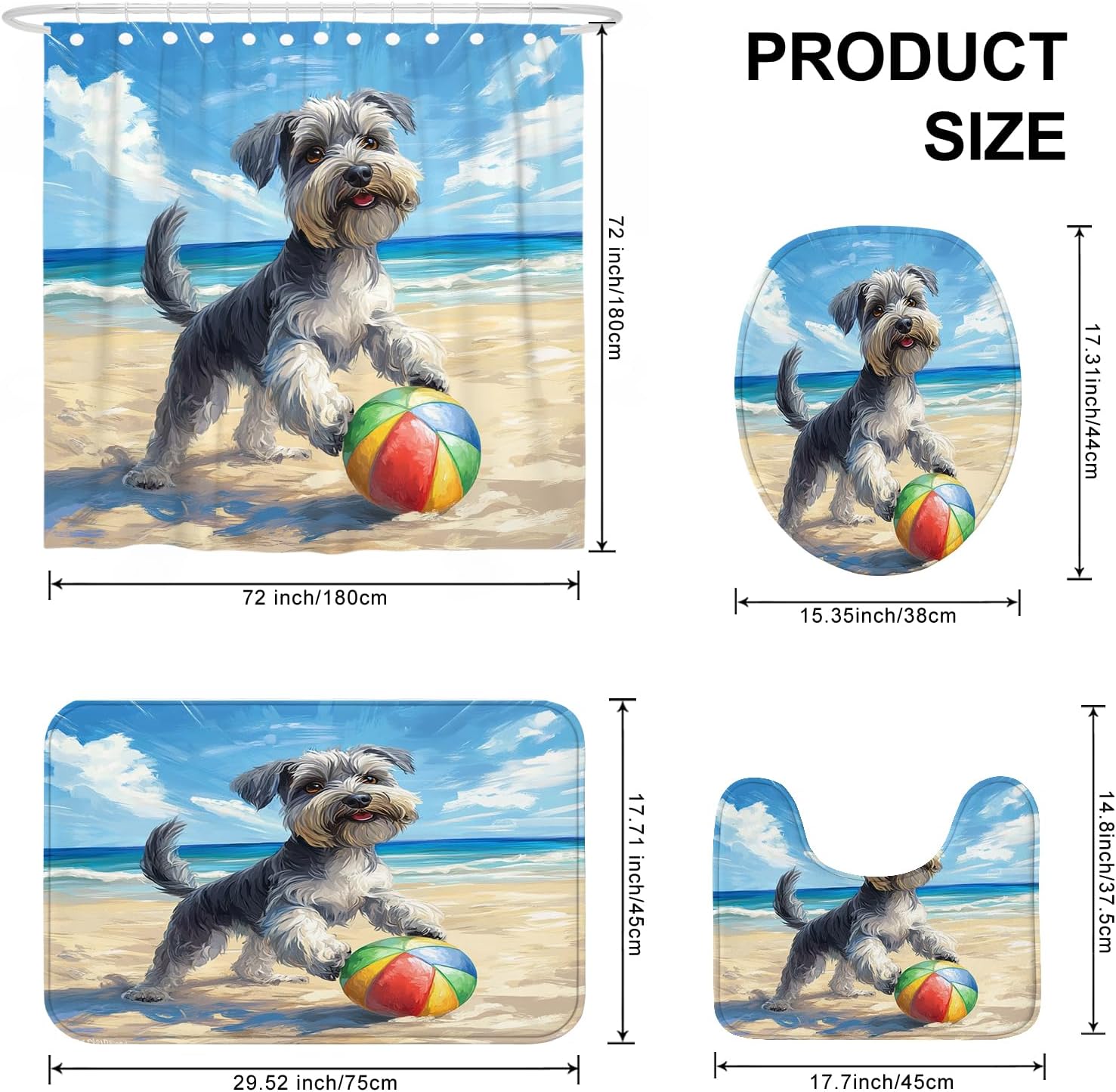 4PCS Schnauzer Dog Bathroom Accessory Sets with Non-Slip Rug, U Shape and Toilet Lid Cover Mat, Fun Puppy Animal Beach Cartoon Kids Bathroom Decorative-72''x72''