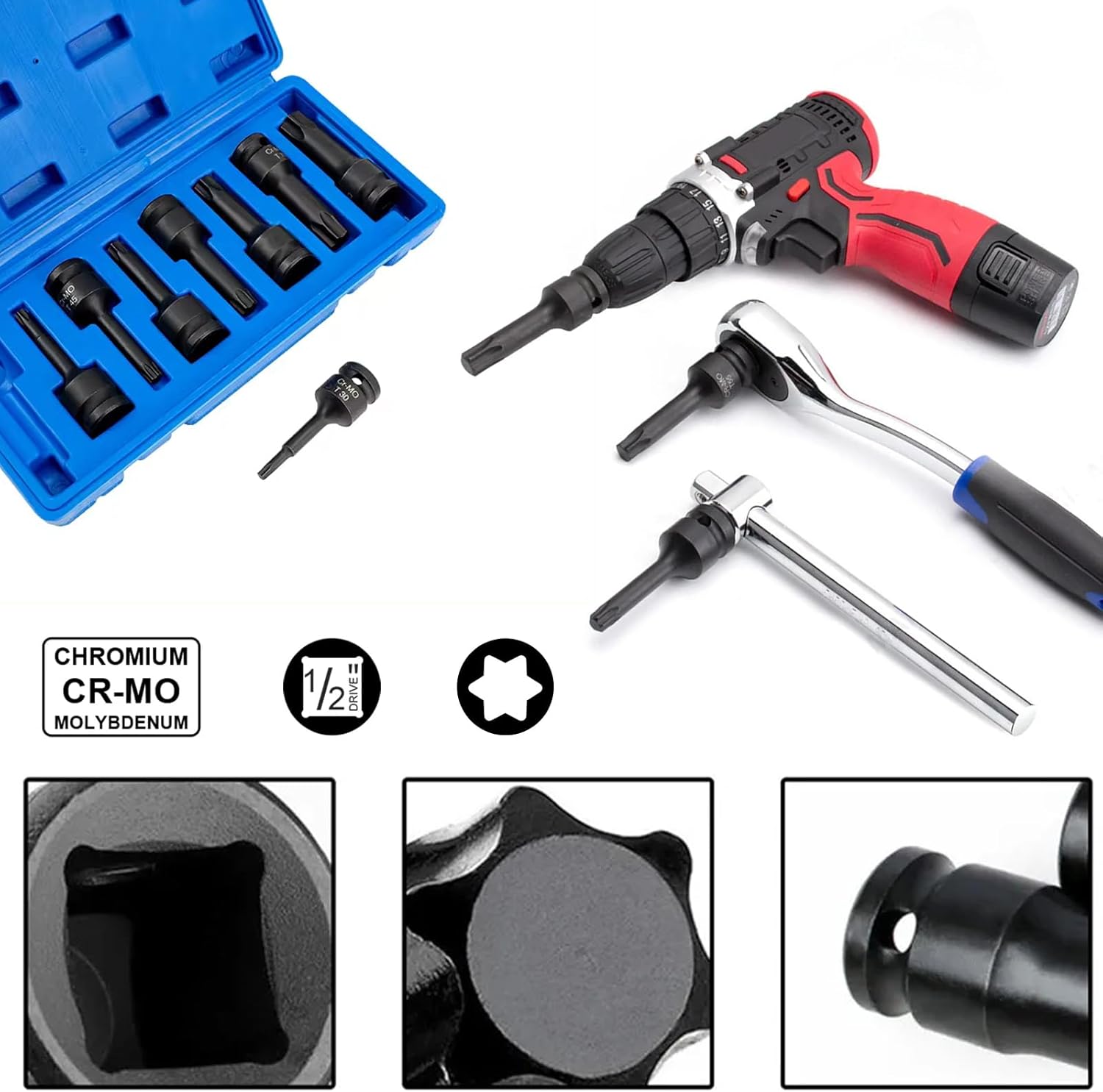 10 Pcs Impact Torx Socket Set, 1/2 inch Drive Star Torx Bit Socket Set T30 T40 T45 T50 T55 T60 T70 T80 T90 T100 Extra Long Socket Bits Set with Case (10 PCS)