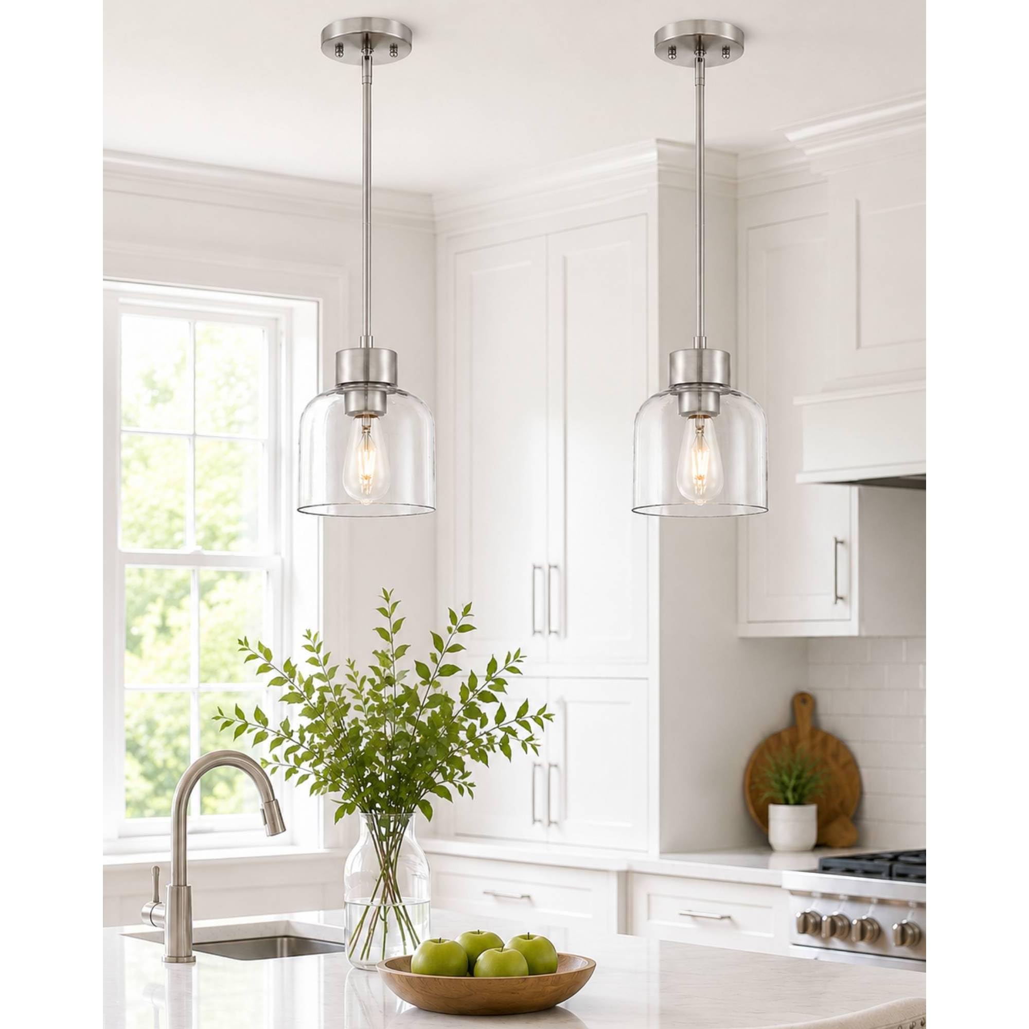 2-Pack Brushed Nickel Kitchen Pendant Lights, 7" Clear Glass Shade