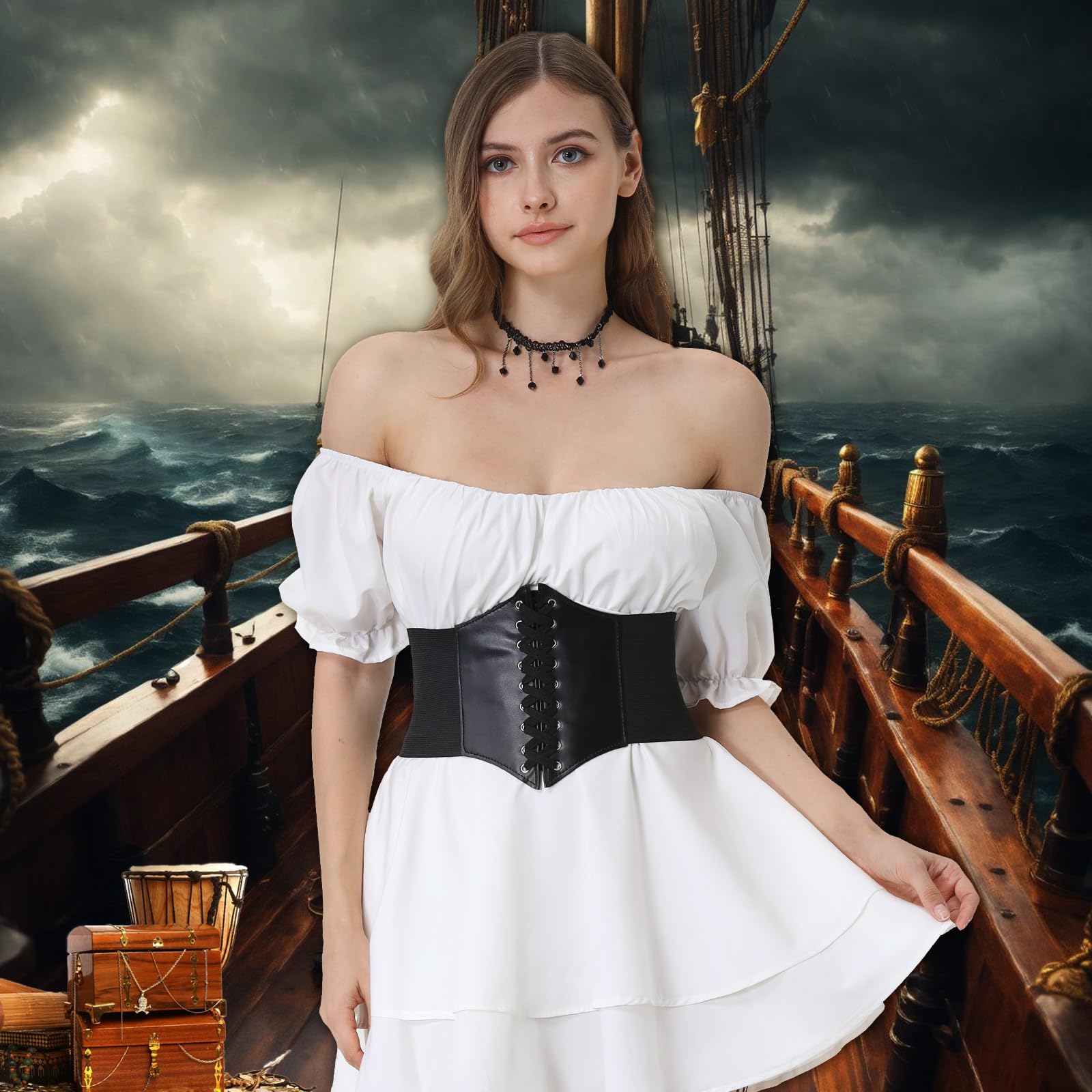 Joellfuner Vestido de Pirata, Costume Victoriano Renacentista Medievales, Disfraz Pirata Mujer con Cinturones, Cadenas de Cintura, Collares y Medias para Carnaval Halloween (Manga corta, S)