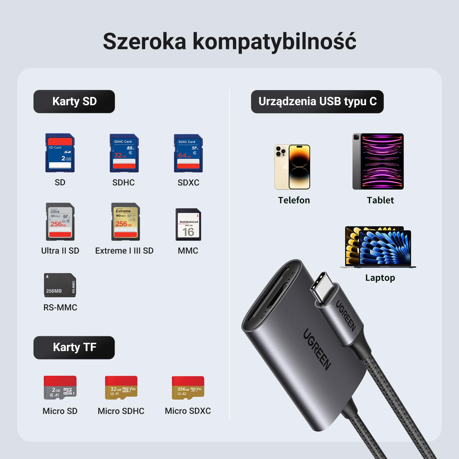 UGREEN USB C Czytnik kart SD 4.0 Czytnik kart USB C 2 w 1 Adapter Micro SD OTG Aluminium Kompatybilny z Galaxy S23, iPad Pro, MacBook Pro, Surface pro/Surface Book itp. | 312MB/s Super Speed SD Card Reader jednoczesny odczyt i zapisu kompatybilny z iPhone