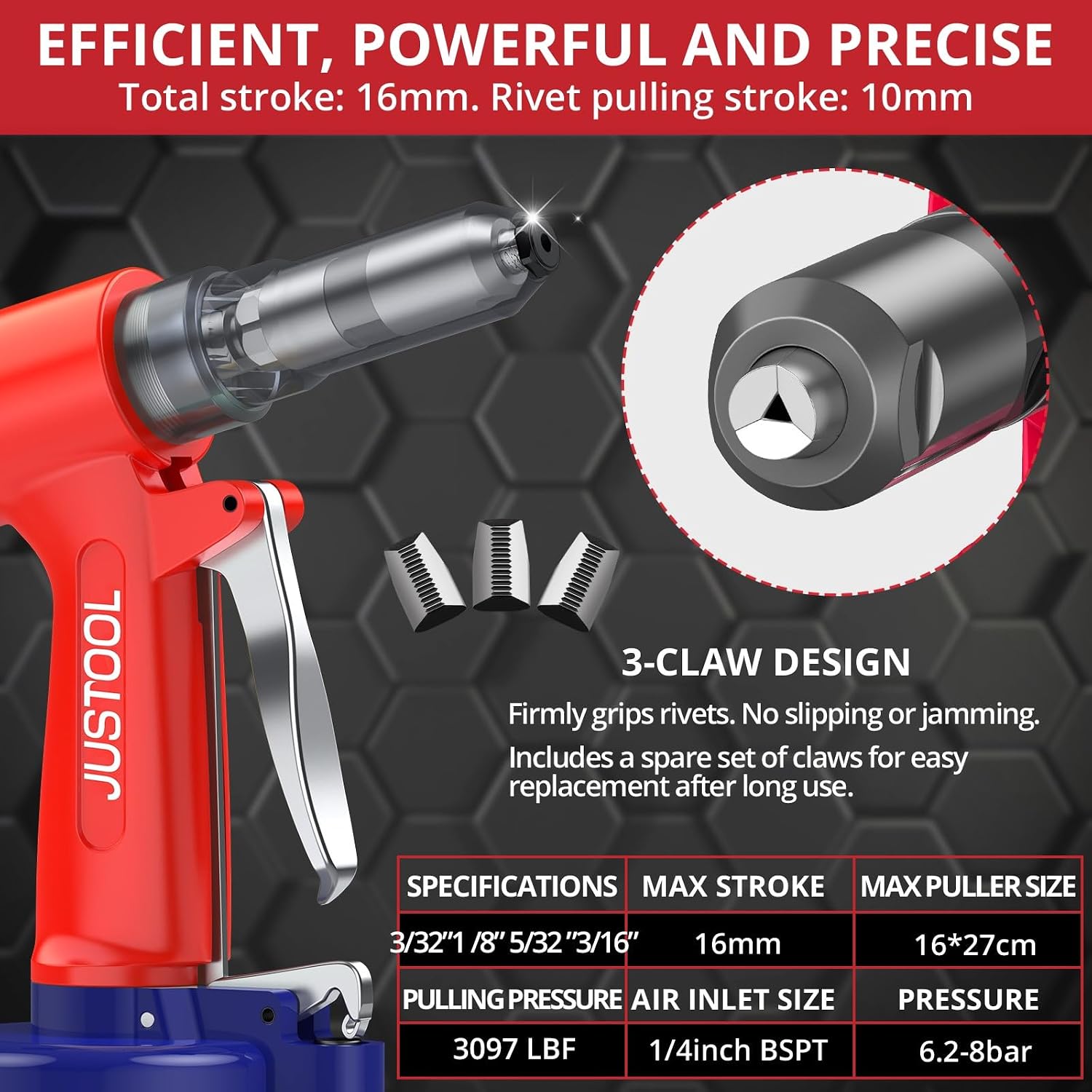 JUSTOOL 3097 LBF Heavy Duty Pneumatic Rivet Gun, Air Rivet Gun 4 Nosepieces 3/32", 1/8", 5/32", 3/16", NPT 1/4 inch Air Riveter Pop Rivet Gun Kit 16mm Maximum Stroke for DIY Automotive Industries