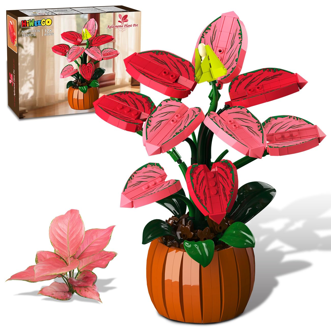 HiWEEGO Flowers Botanicals Bonsai Building Set - Bonsaï Artificiel Aglaonema pour la décoration intérieure, 782 pièces de Fleurs artificielles à Assembler, Cadeau d'anniversaire pour Adultes