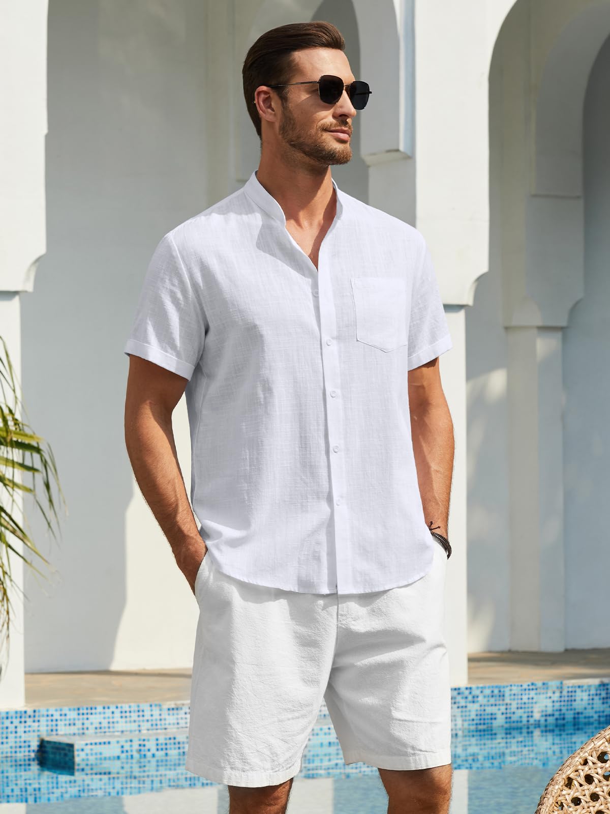 Enlision Camisa de Lino Manga Corta para Hombre Sin Cuello Verano Henley Color Sólido con Botones Bolsillo S-4XL