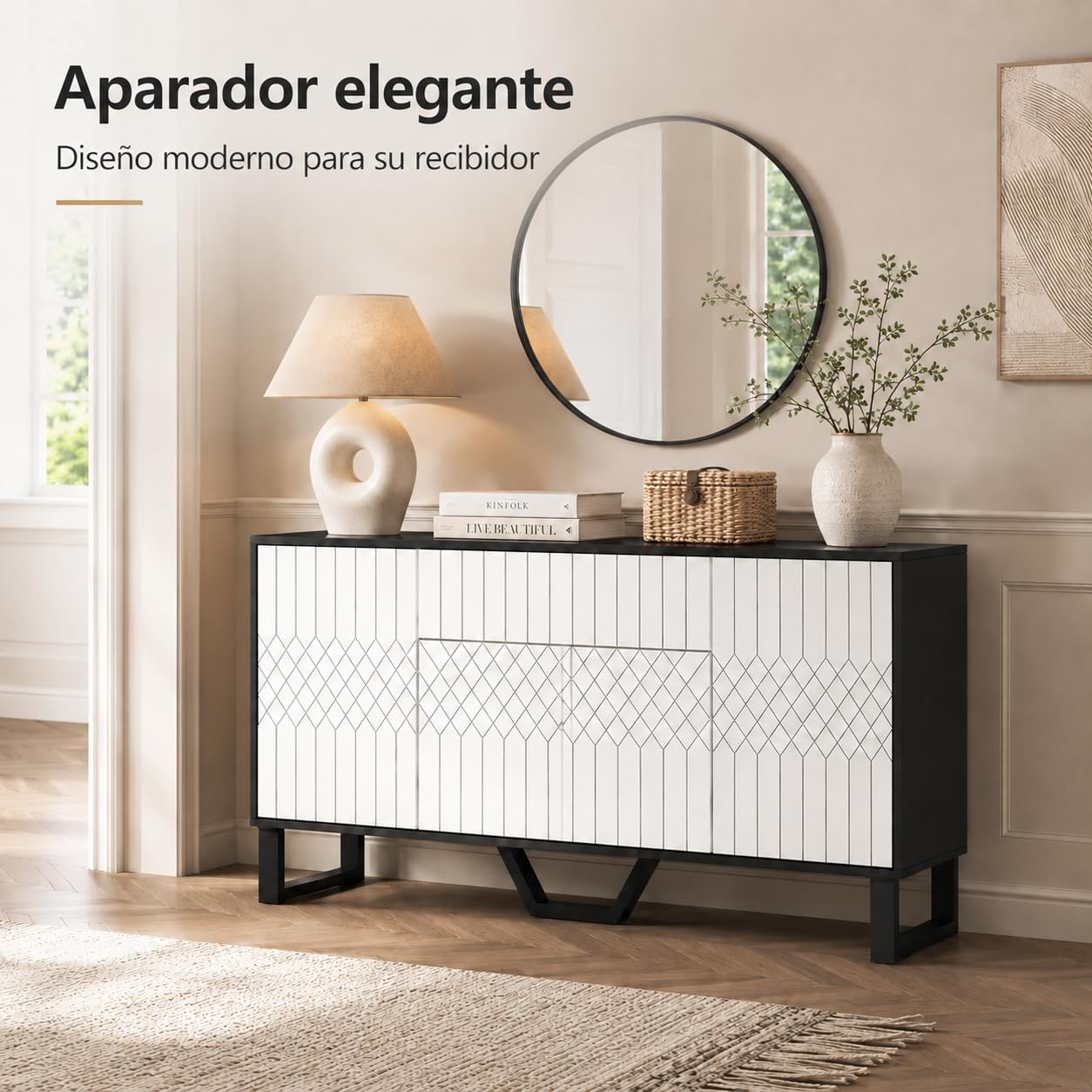 Aparador Blanco-Negro 160cm con Frente Geométrico – Cómoda con Cajón Push-to-Open, 4 Puertas & Pata en V Metálica, 50kg – Bufet para Salón & Comedor, 160×78×40cm