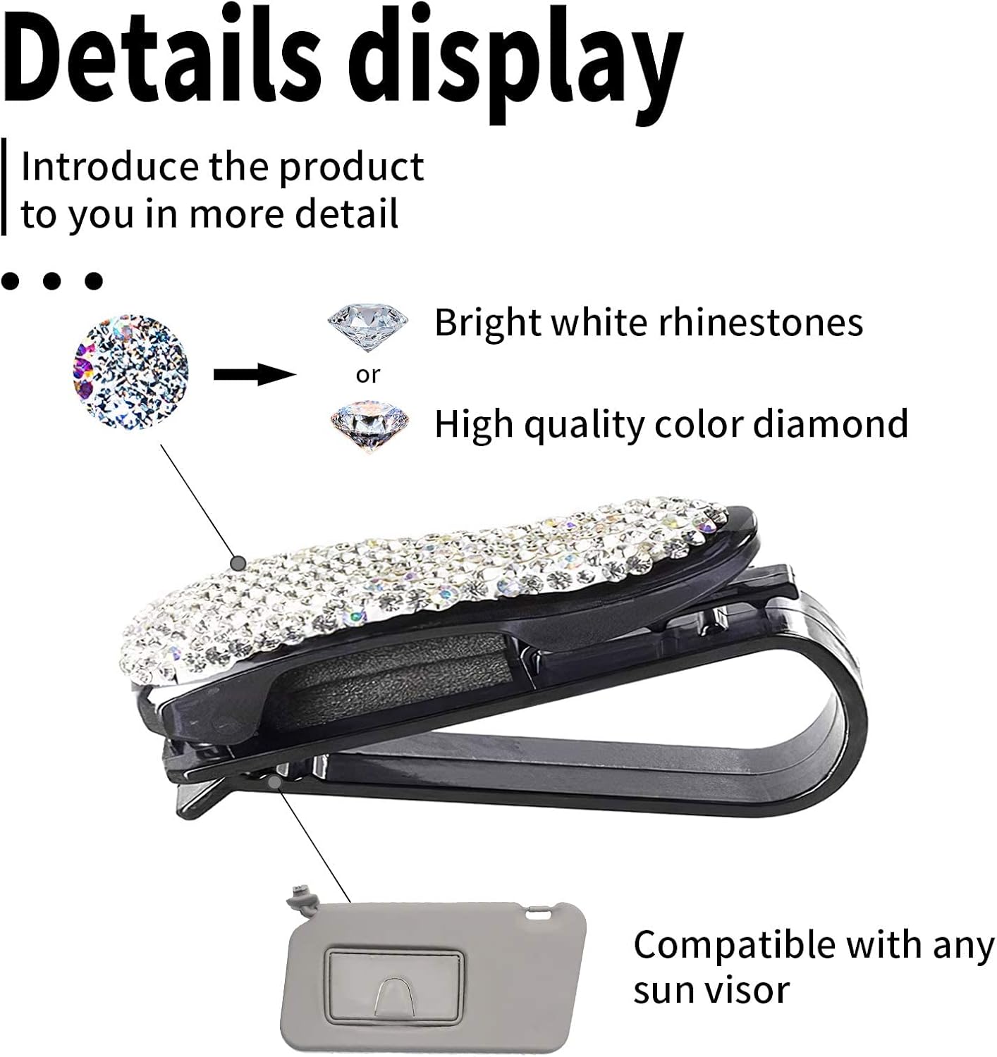 FineFun Glasses Holders for Car Sun Visor 2 Pack, Bling Bling Diamond Sunglasses Eyeglasses Mount with Ticket Card Clip (White)