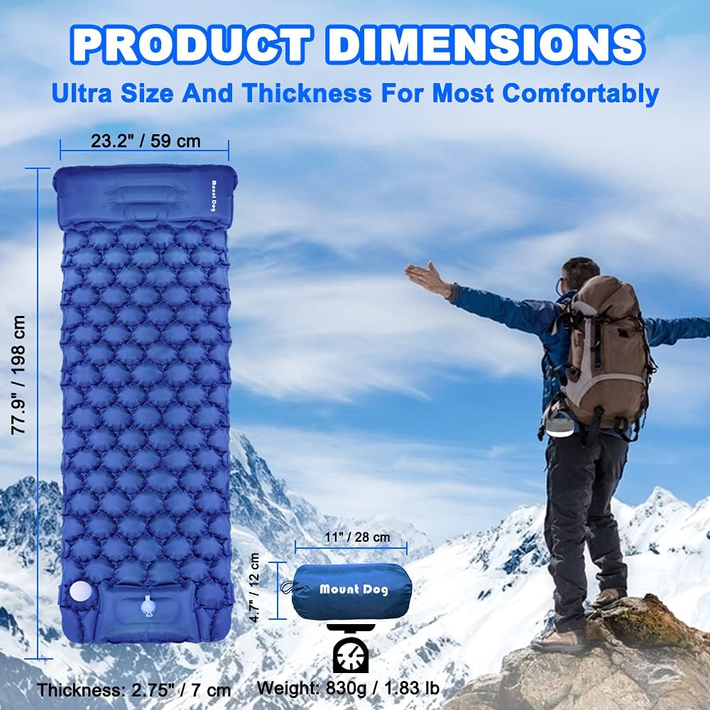 MOUNTDOG Self Inflating Sleeping Pad for Camping with LED Light Lantern, Built-in Foot Pump Ultralight Inflatable Waterproof Air Mattress for Backpacking, Camp, Hiking, Travel, Tent