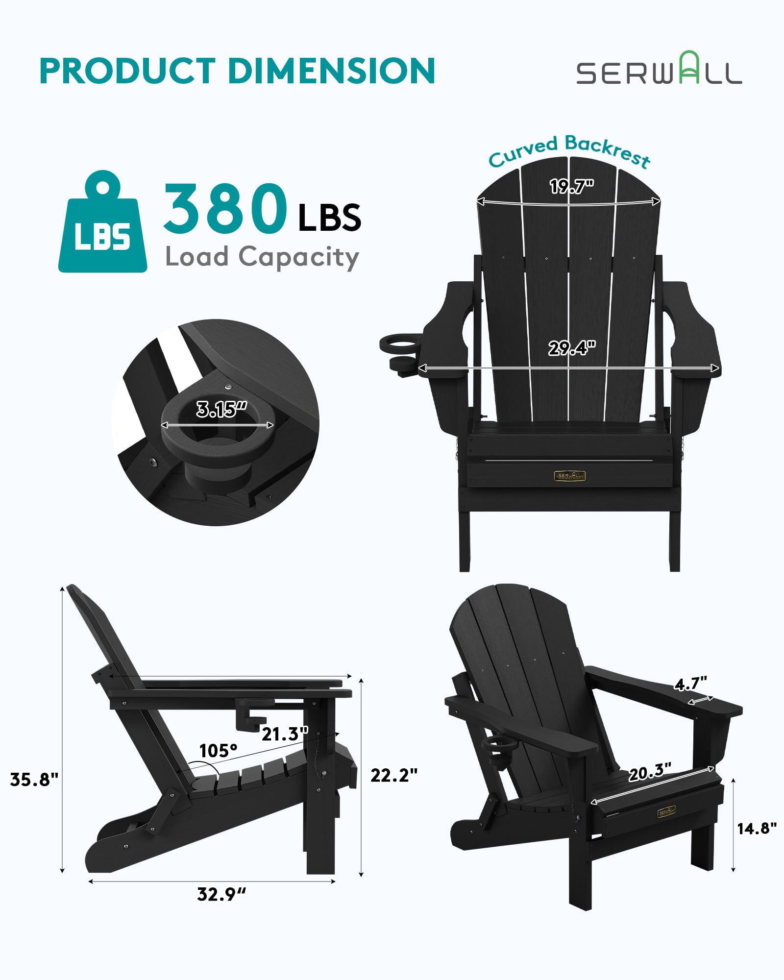 SERWALL Folding Adirondack Chair Set of 4, Weather Resistant HIPS Patio Chairs with Cup Holder for Garden Outdoors Fire Pit - Black - 3