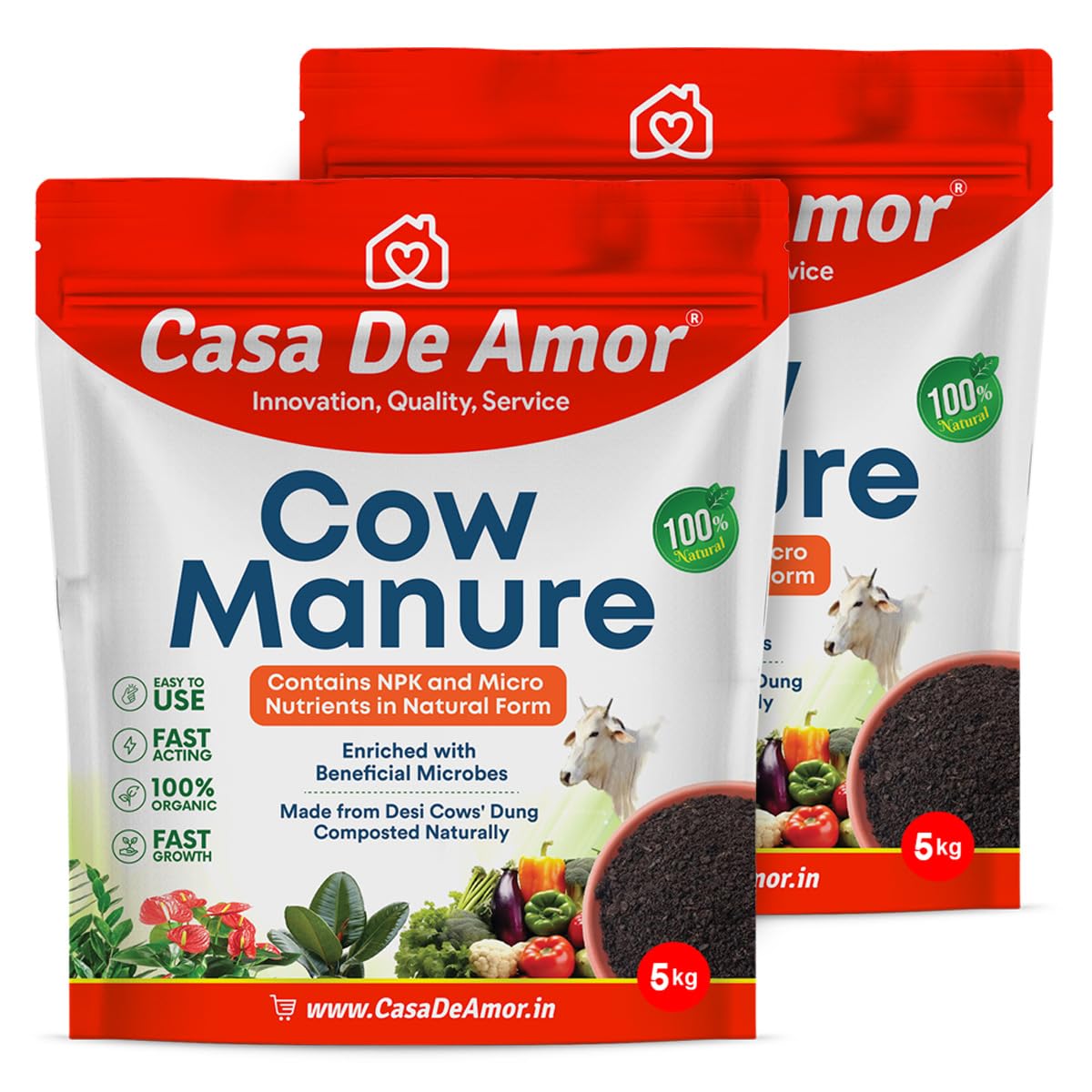 Casa De Amor Organic Cow Manure- NPK & Micro Nutrients, Compost, Plant Fertilizer for Organic Gardening- 2 Packs of 5 Kg