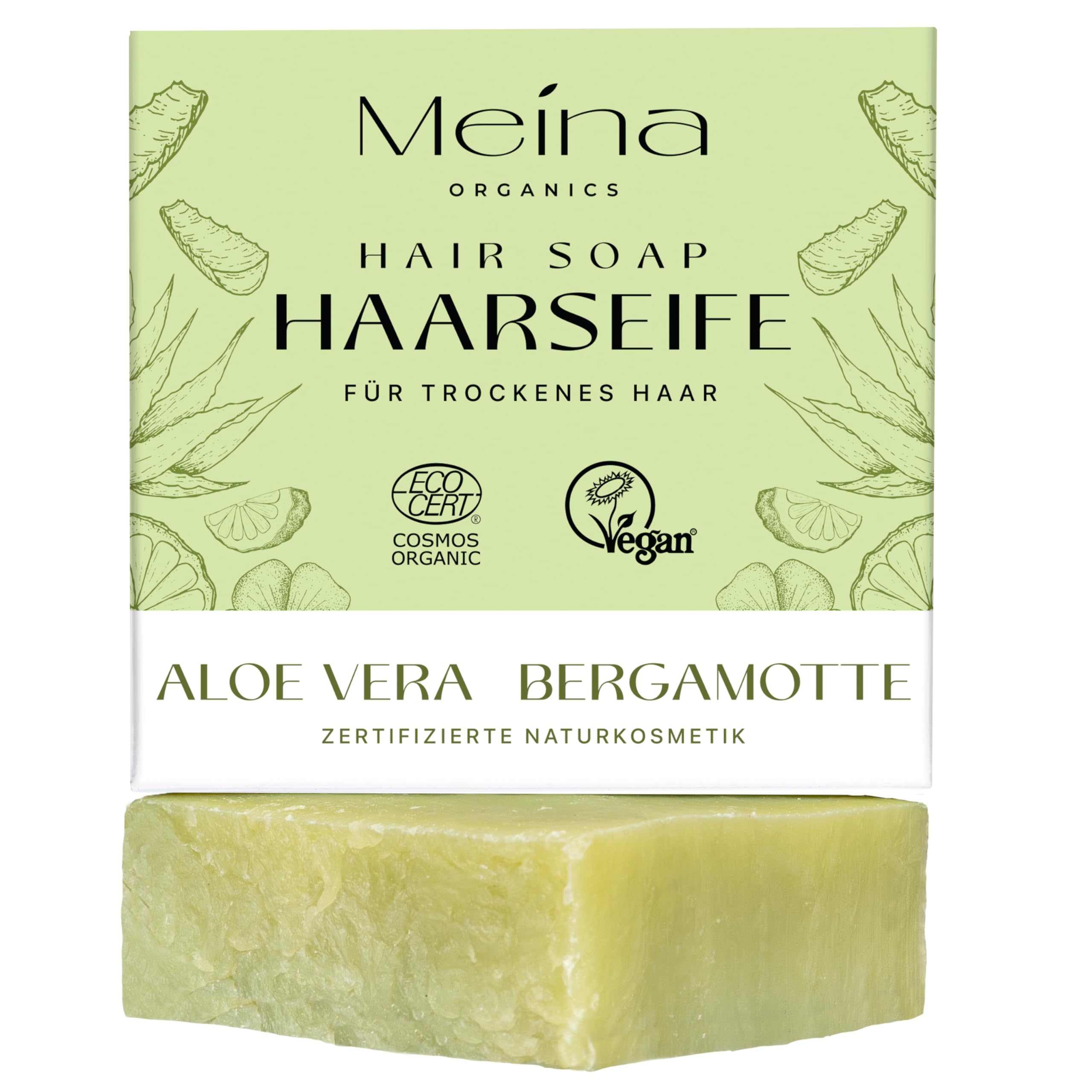 Meina Naturkosmetik - Bio Haarseife für trockenes Haar und trockene Kopfhaut mit Aloe Vera, Zertifiziert, Vegan, Nachhaltig, Handgemacht, Plastikfrei, Ohne Palmöl, Wie ein festes Shampoo - 80g
