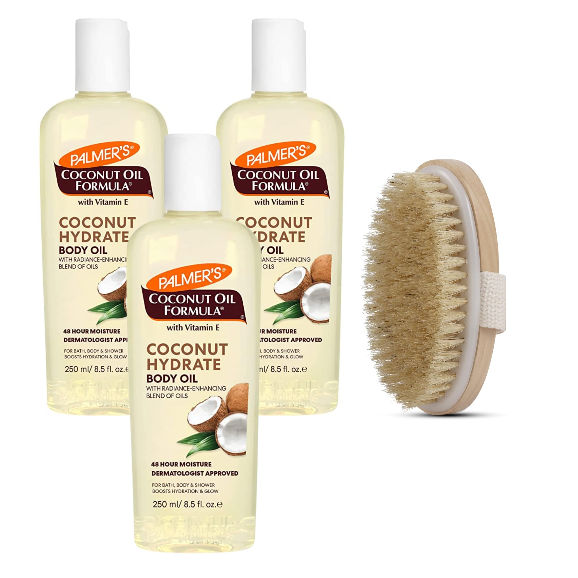 Palmer's Coconut Oil Body Oil Bundle, 3X Coconut Oil 250ml for Skin 1X Dry Body Brush for Exfoliation & Hydration