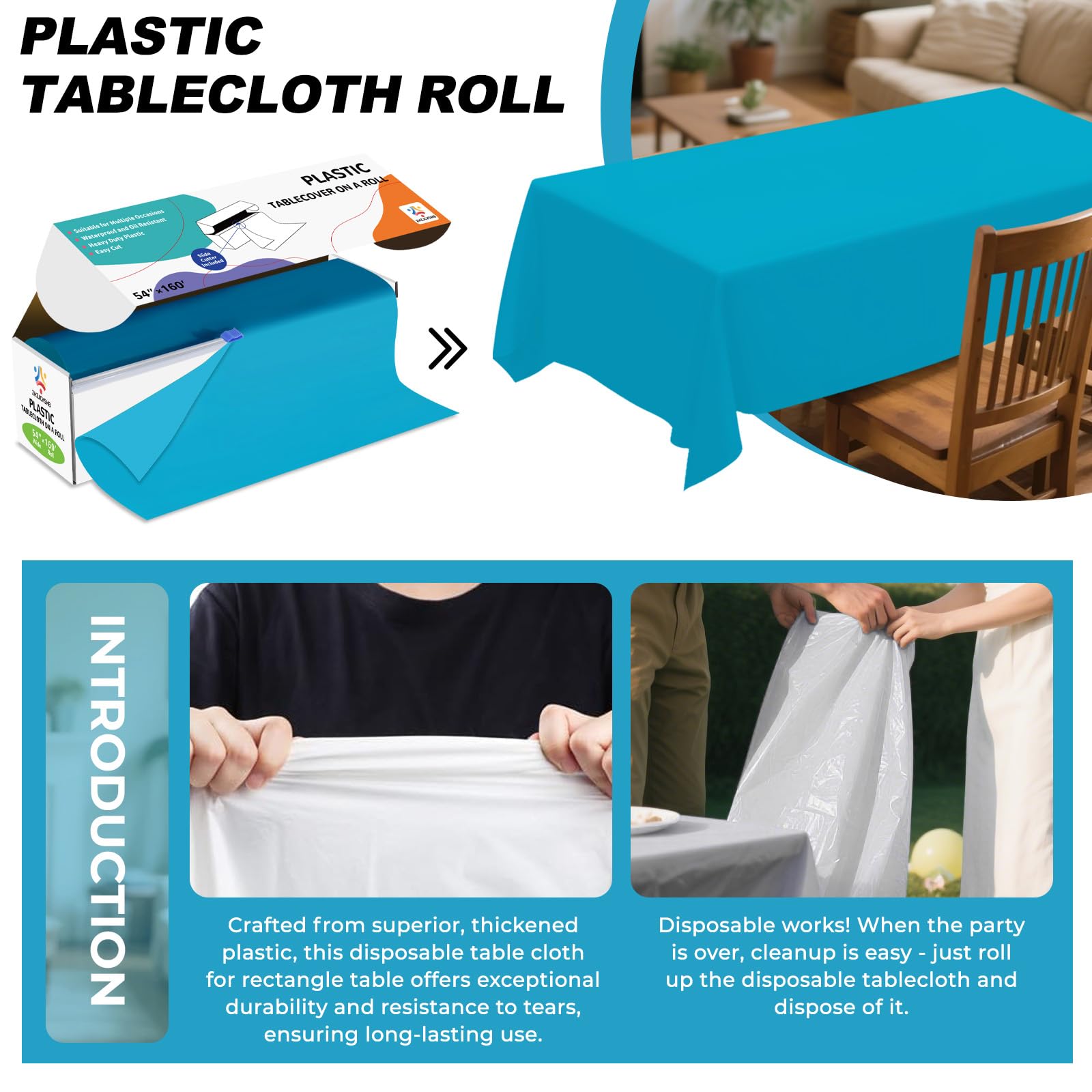 Rollo de mantel de plástico de 54 pulgadas x 160 pies con caja cortadora, manteles de plástico cortados a medida para fiestas, cumpleaños, rollo de mantel desechable para mesas de todas las formas