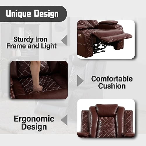 Miniatura 4 de Juego de sofá reclinable eléctrico con LED, muebles de sala de estar reclinables de cuero transpirable, sofá reclinable de cuero con puerto