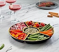 Vista 2 de PLASTICPRO 6 bandejas/platos seccionales redondos de plástico para servir, color negro y dorado, paquete de 2