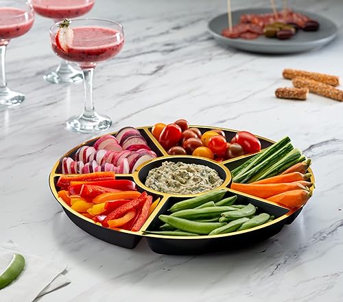 Miniatura 2 de Plasticpro 6 bandejas seccionales redondas de plástico para servir, color negro y dorado, paquete de 2