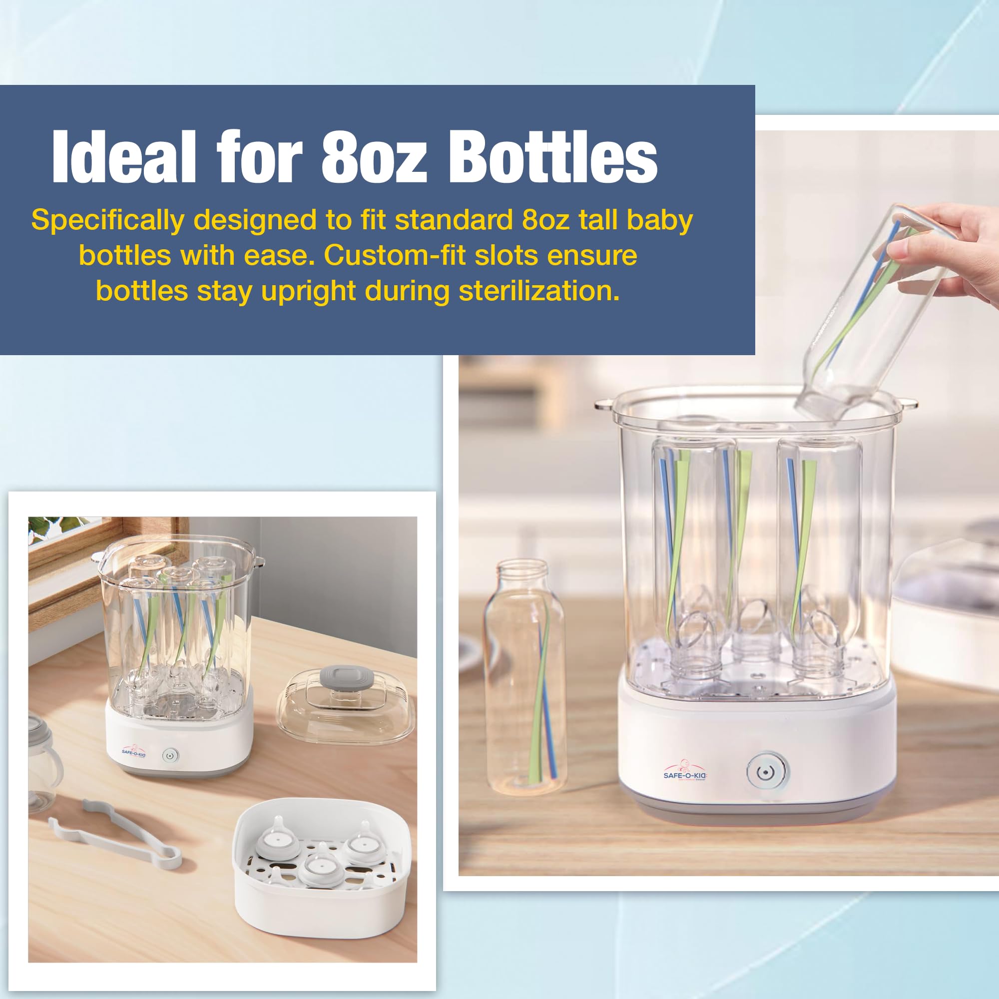 Safe-O-Kid® 5-Bottle Advanced Steam Sterilizer with Bottle Cleaning Set | Large Capacity, Auto Shut-Off, BPA-Free | Sterilizes Bottles, Accessories, Breast Pumps, Teats | 1-Year Warranty | Eliminates 99.9999% Germs with Uniform Heat Technology – White - Image 2 thumbnail