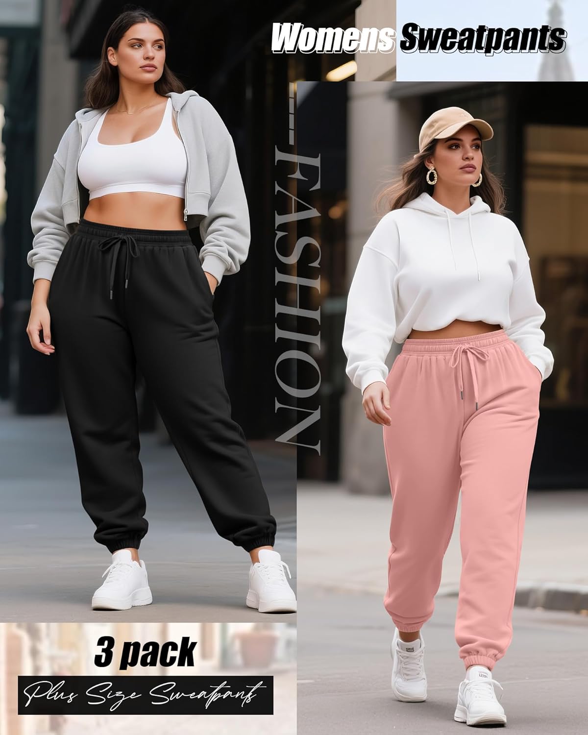 3 Pack Women's Plus Size Joggers, Drawstring Loose Fit Sweatpants Comfy Casual Lounge Pants with Pockets - Image 3