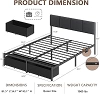 Vista 2 de Furnulem Marco de Cama Queen con Cabecera Ajustable, Cama Tapizada con 2 Cajones de Almacenamiento, Estación de Carga USB Integrada y Luces LED