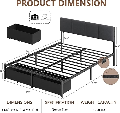 Miniatura 2 de Furnulem Marco de Cama Queen con Cabecera Ajustable, Cama Tapizada con 2 Cajones de Almacenamiento, Estación de Carga USB Integrada y Luces LED,