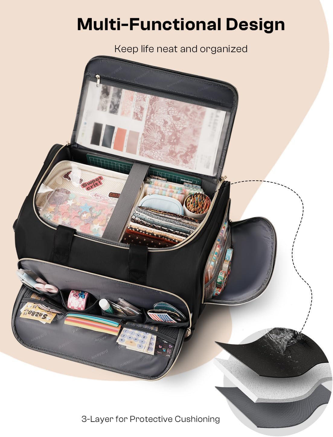 Rolling Craft Bag with Wheels, All-in-One Rolling Scrapbook Tote No Installation Required, Rolling Teacher Bag Fits 16” Laptop, Art bags for supplies for DIY, Sewing & Scrapbooking Supplies, Black