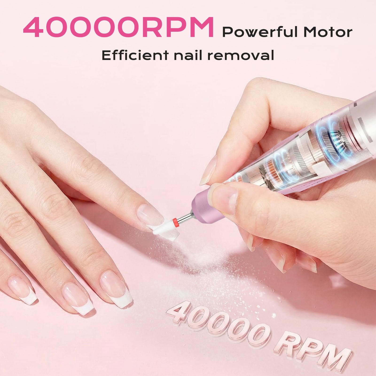 Kit profesional de taladro eléctrico de uñas, 40000 RPM tipo C, máquina de uñas de archivo E inalámbrico con pantalla LCD, 7 brocas, 56 bandas de lijado para el hogar/salón, cuidado de uñas práctica y