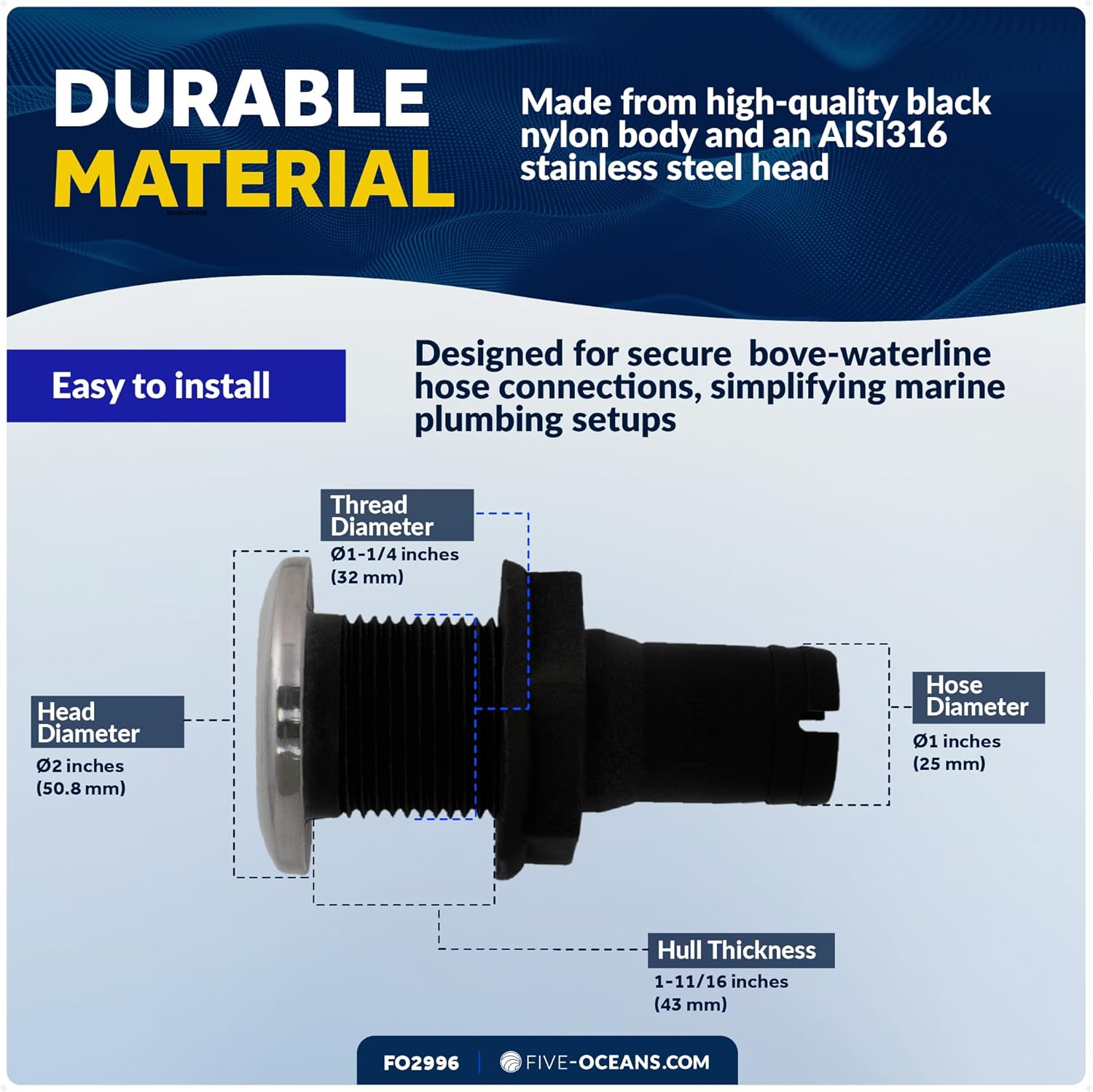 Five Oceans Thru Hull Fittings for Boats - Black Thru Hull Fitting with Stainless Steel Head, UV Resistant Nylon Through Hull Fitting for Scupper, Bilge, Sink Drain - Multiple Sizes
