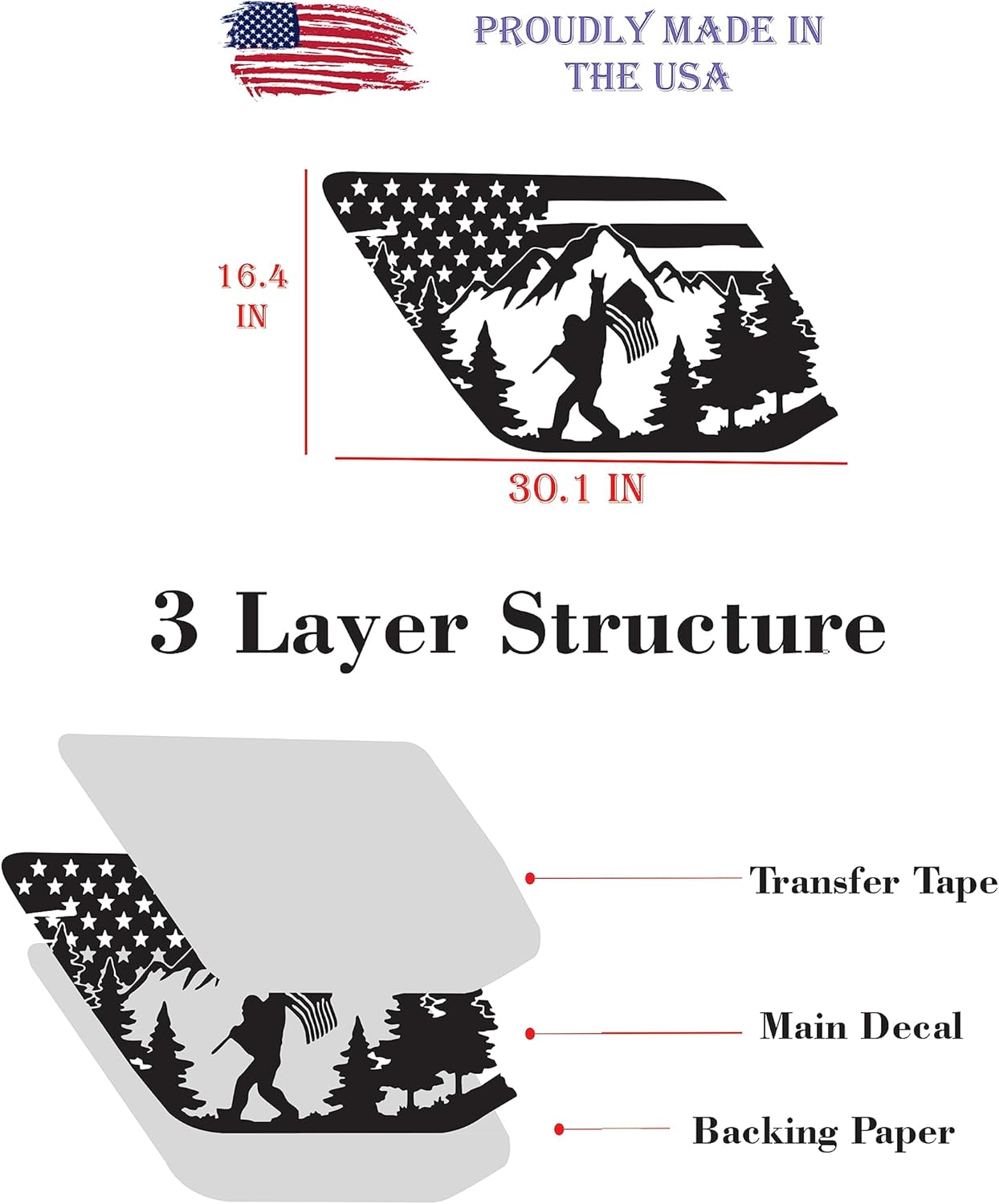 Compatible with Toyota 4Runner (2010-2024) | Precut Sasquatch Bigfoot Mountain Forest Scene Window Decals | Proudly Made in The USA | Matte Black (US Flag Bigfoot Mountain)