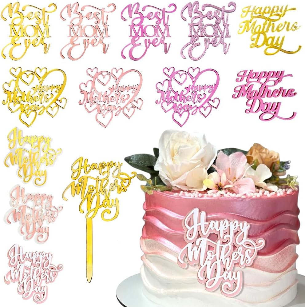13pcs Happy Mother's Day Cake Toppers for Women Acrylic Cake Topper Best Mom Cupcake Toppers Mothers Day Decorations Cake Decorating Kit Mother Birthday Decor Cupcake Decoration Party Supplies