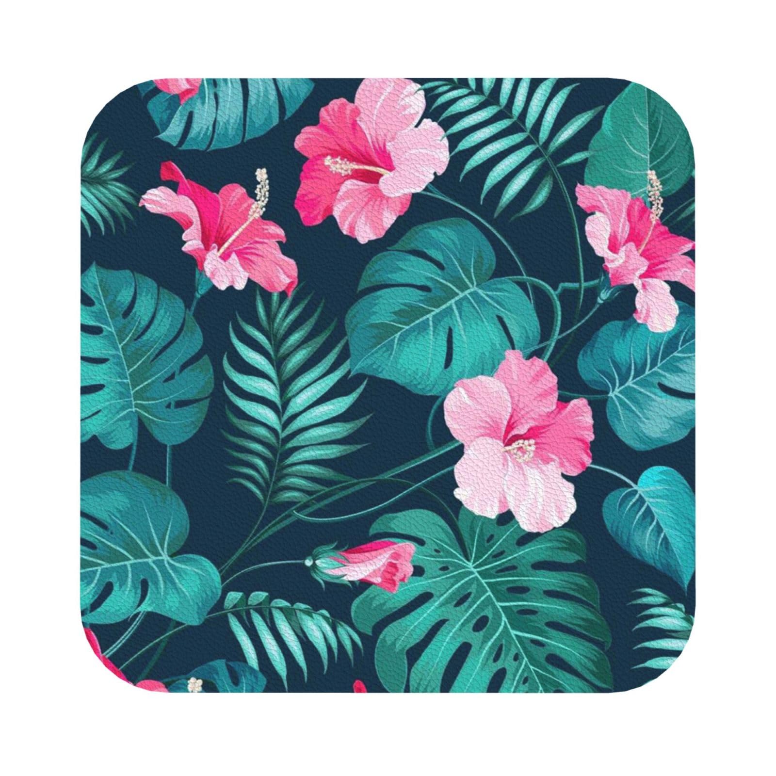 Hawaii Pink Flower PU Leather Coasters Set of 6 Square Drink Coasters