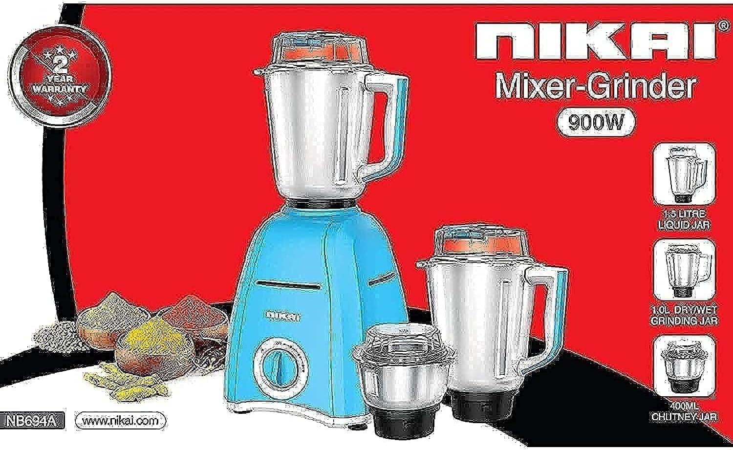 Nikai 900W Blender With 3 Jars - 1.5 Ltr Liquid, 400 ml Dry/Wet, and 1 Ltr Dry/Wet Grinding, Stainless Steel Blades, 3 Speed Settings, 2 Years Warranty, NB694A, Blue