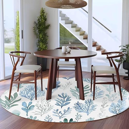 Miniatura 4 de 5ft Round Rug, Blue Green Botanical Non-Skid Rubber Backing Large Area Rugs - Living Room Bedroom Home Office, Retro Summer Watercolor Leaf Plant