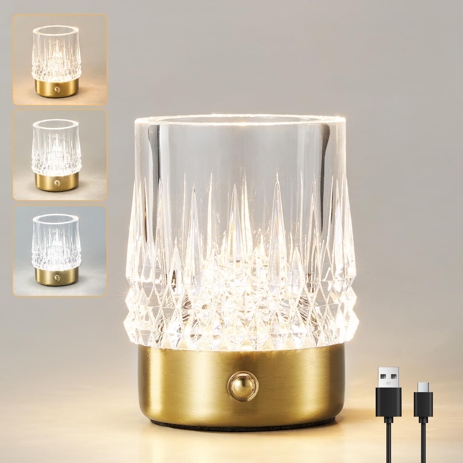 Harper Living Cylinder & Gold Rechargeable Table Lamp, Cordless Small Desk Lamp, 3 Colors & Dimmable Led Touch Lamps, Wireless Battery Table Light For Bedside Living Room Kids Room, Cylindrical Shade, Gold Finish