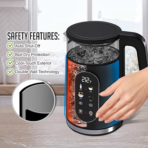Miniatura 2 de OVENTE Hervidor eléctrico, calentador de agua de ebullición rápida de 1.7 L con pantalla táctil digital, exterior de doble pared al tacto frío, 5