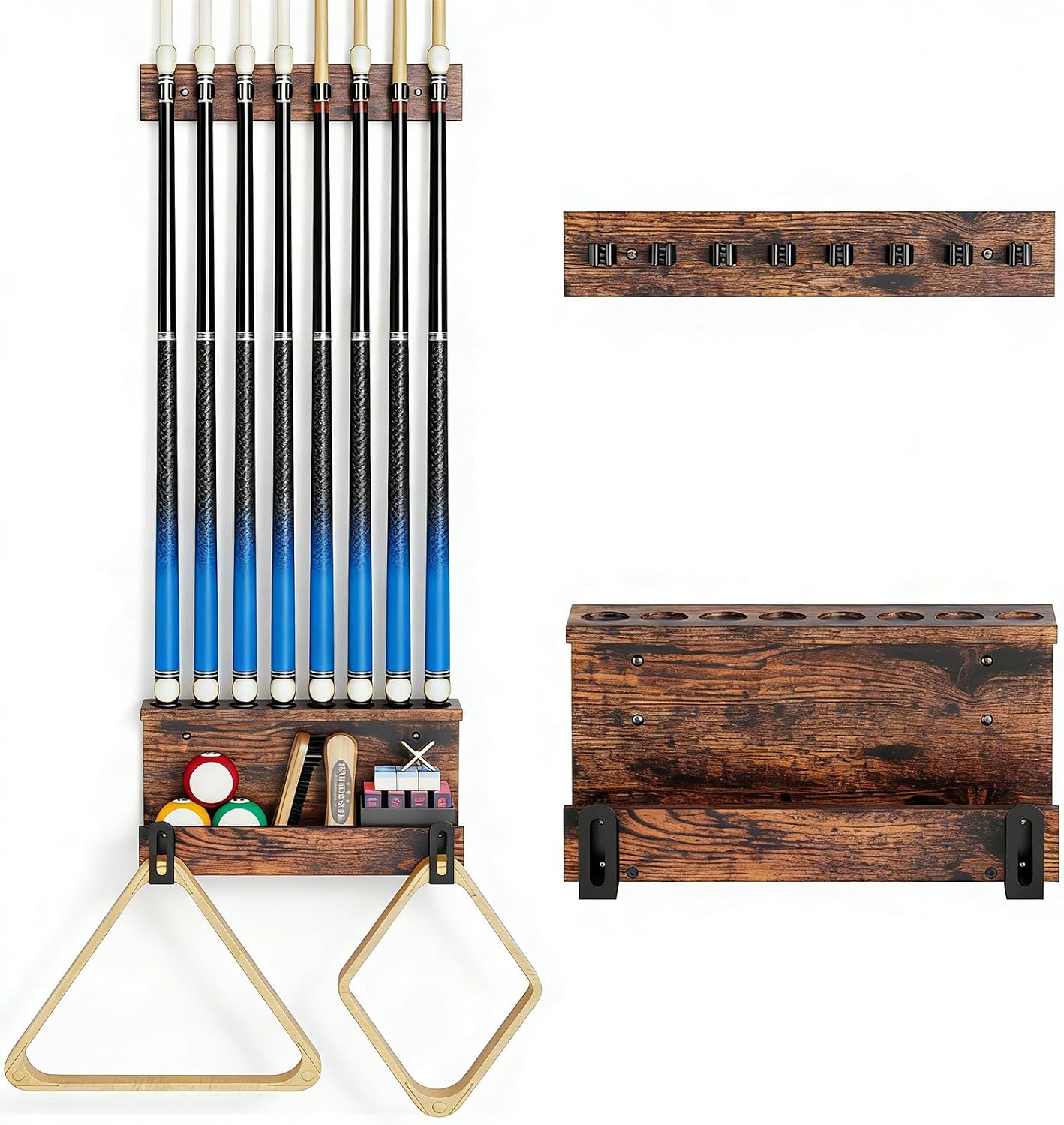 Wall Mount Pool Stick Holder, 8 Cues Pool Cue Holder Pool Table Accessories | Pool Cue Rack Hardwood Pool Cue Set, Rustic Storage Pool Table Accessories Equipment Organizer