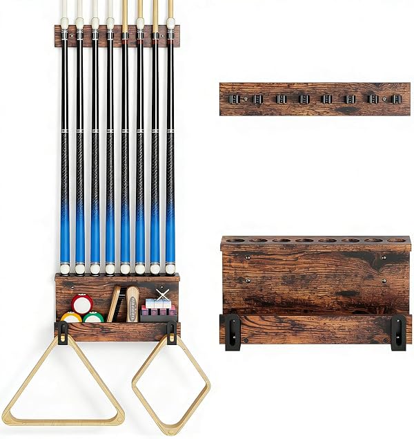 Soporte de taco de billar para pared, rack para 8 tacos, accesorios de mesa de billar | Set de tacos de madera dura, organizador rústico de accesorios y equipamiento para mesa de billar